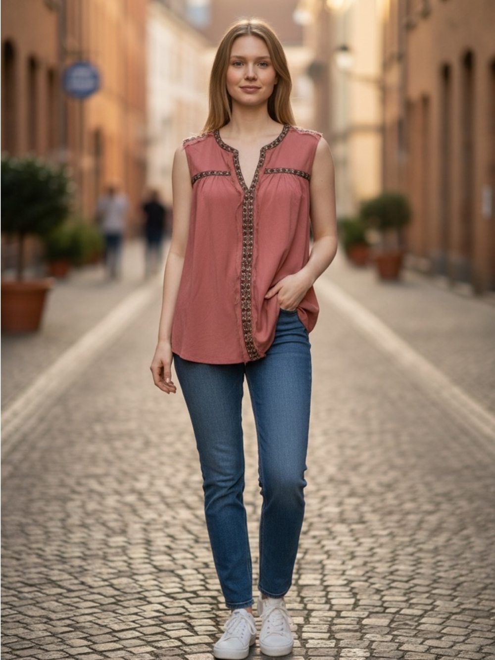 Daniel Rainn boho sleeveless‎ top in terracotta color